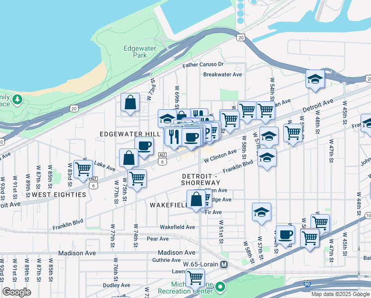 map of restaurants, bars, coffee shops, grocery stores, and more near 6702 Detroit Avenue in Cleveland