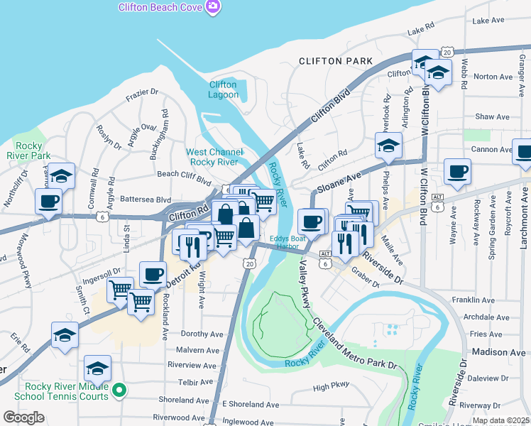 map of restaurants, bars, coffee shops, grocery stores, and more near 19000 Lake Road in Rocky River
