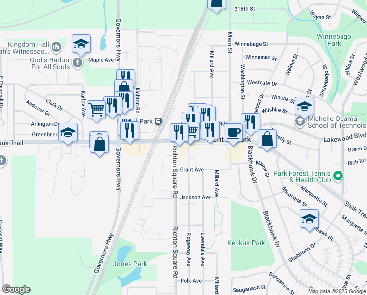 map of restaurants, bars, coffee shops, grocery stores, and more near 3705 Sauk Trail in Richton Park