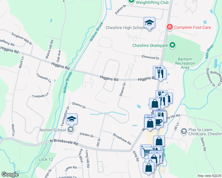 map of restaurants, bars, coffee shops, grocery stores, and more near 25 Heritage Drive in Cheshire