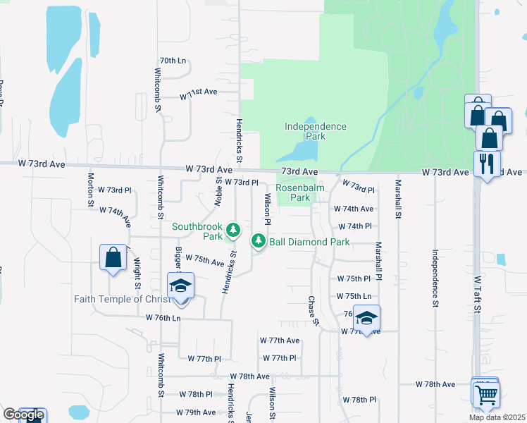 map of restaurants, bars, coffee shops, grocery stores, and more near 7406 Wilson Place in Merrillville