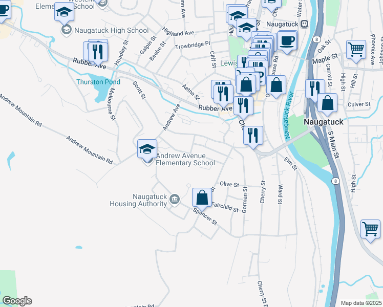 map of restaurants, bars, coffee shops, grocery stores, and more near 75 Manners Ave in Naugatuck