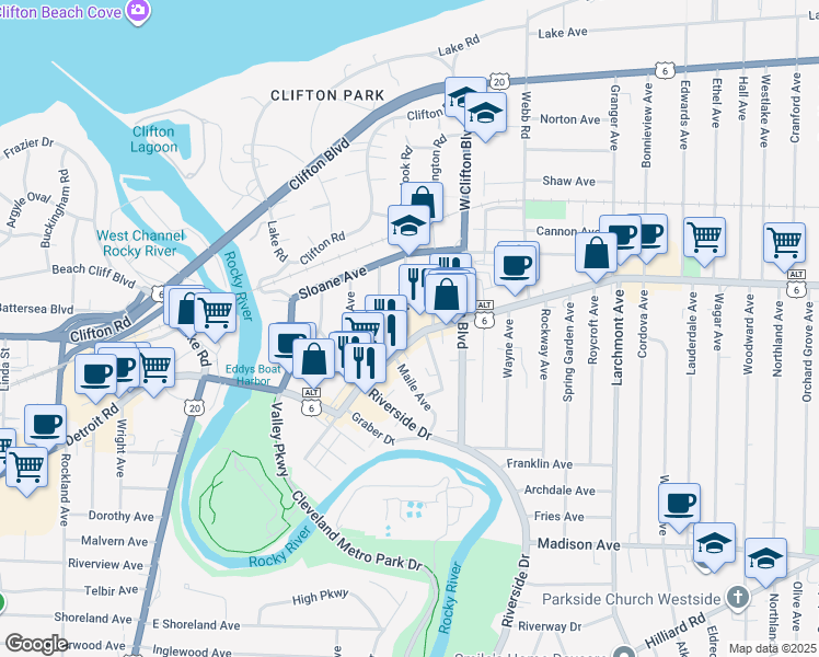 map of restaurants, bars, coffee shops, grocery stores, and more near 18224 Detroit Avenue in Lakewood