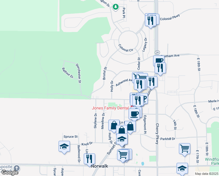 map of restaurants, bars, coffee shops, grocery stores, and more near 1611 Holly Dr in Norwalk