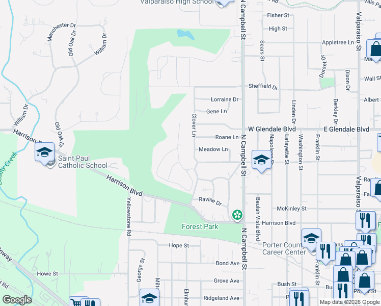map of restaurants, bars, coffee shops, grocery stores, and more near 1709 Clover Lane in Valparaiso