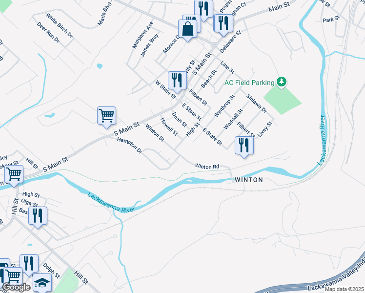 map of restaurants, bars, coffee shops, grocery stores, and more near 406 High St in Archbald