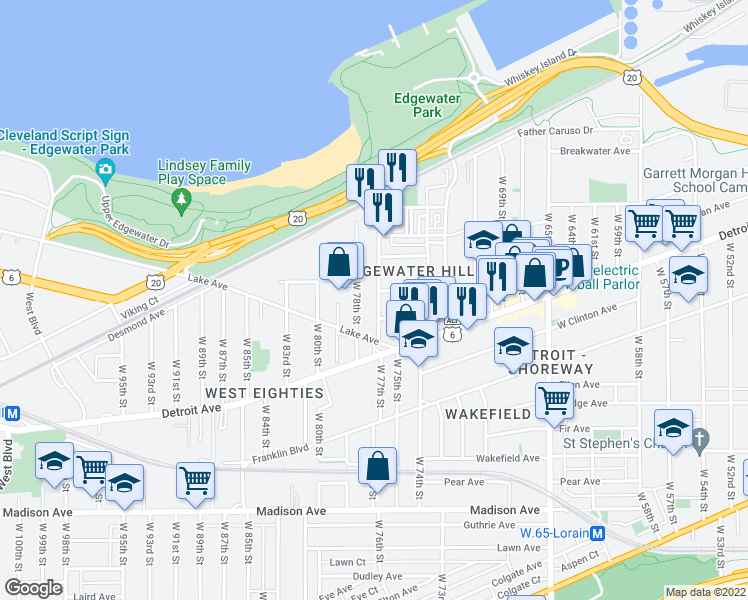 map of restaurants, bars, coffee shops, grocery stores, and more near 1334 West 76th Street in Cleveland