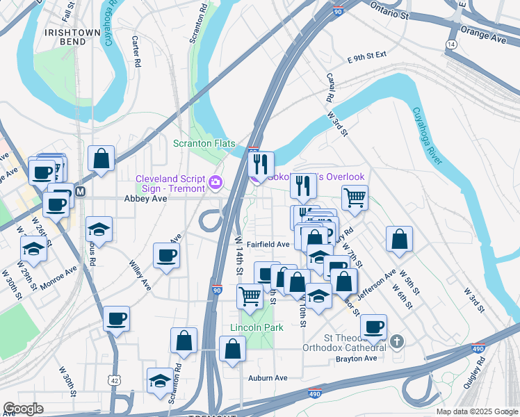 map of restaurants, bars, coffee shops, grocery stores, and more near 2071 West 13th Place in Cleveland