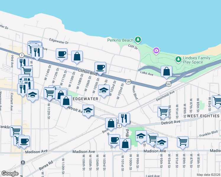 map of restaurants, bars, coffee shops, grocery stores, and more near 1286 West 103rd Street in Cleveland