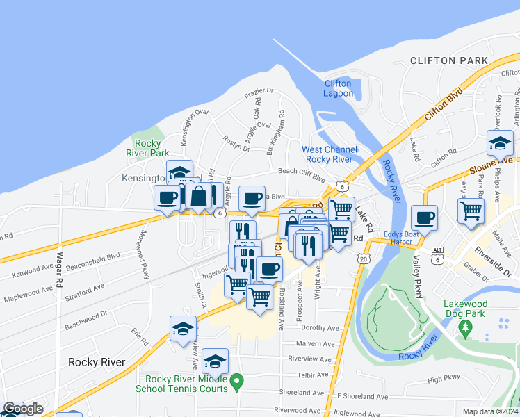 map of restaurants, bars, coffee shops, grocery stores, and more near 19662 Lake Road in Rocky River