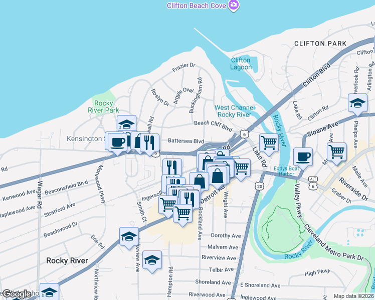 map of restaurants, bars, coffee shops, grocery stores, and more near 19706 Lake Road in Rocky River