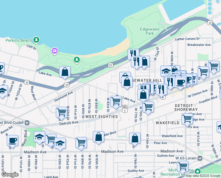map of restaurants, bars, coffee shops, grocery stores, and more near 1308 West 80th Street in Cleveland