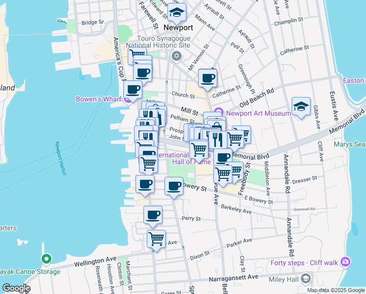 map of restaurants, bars, coffee shops, grocery stores, and more near 62 Rhode Island 138A in Newport