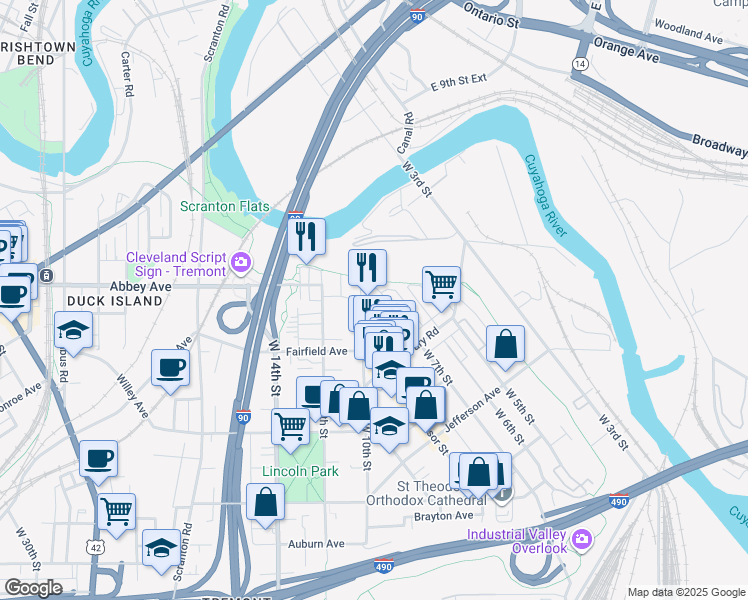 map of restaurants, bars, coffee shops, grocery stores, and more near 2080 West 7th Street in Cleveland
