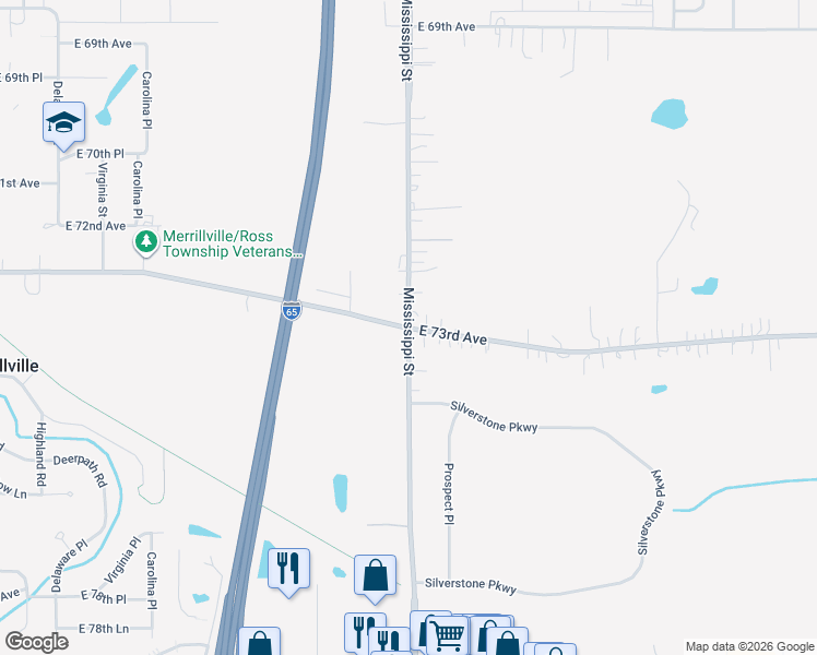 map of restaurants, bars, coffee shops, grocery stores, and more near Mississippi St & 73rd Ave in Merrillville