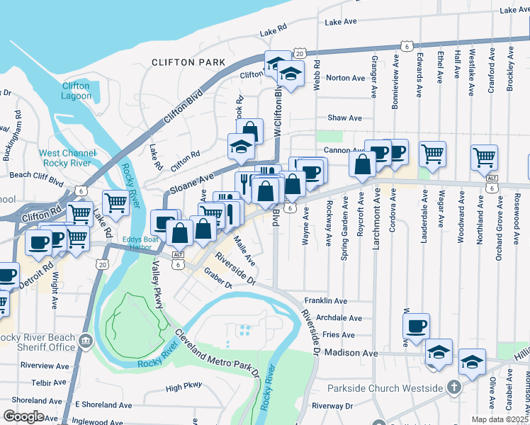 map of restaurants, bars, coffee shops, grocery stores, and more near 18119 U.S. 6 Alternate in Lakewood