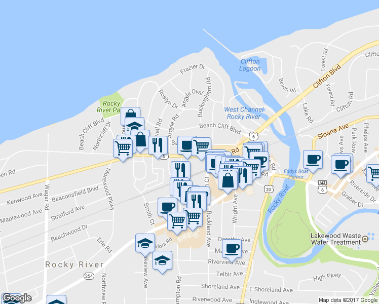 map of restaurants, bars, coffee shops, grocery stores, and more near 19706 Lake Road in Rocky River