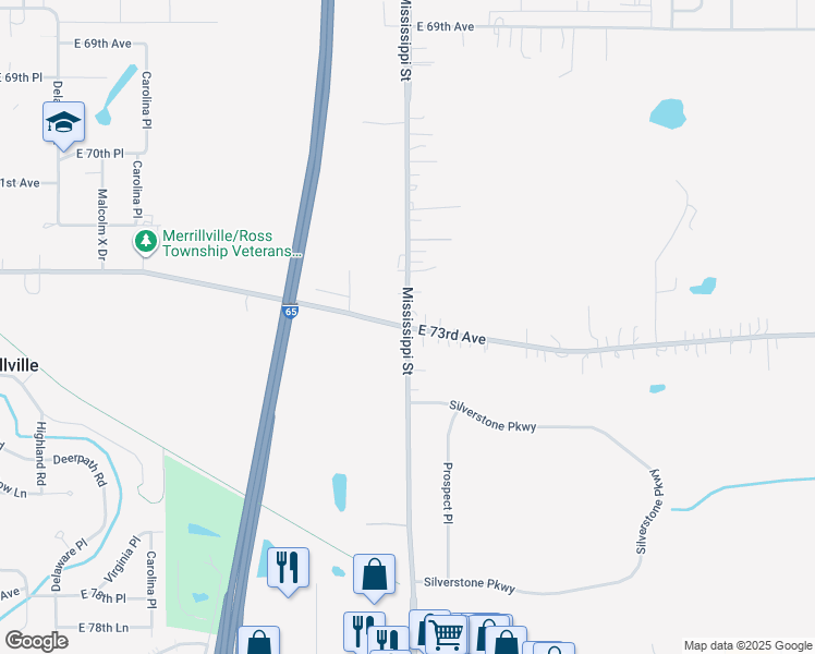map of restaurants, bars, coffee shops, grocery stores, and more near Mississippi St & 73rd Ave in Merrillville