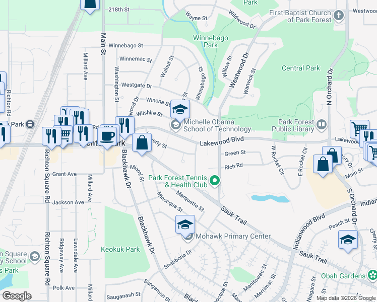 map of restaurants, bars, coffee shops, grocery stores, and more near 332 Waverly Street in Park Forest