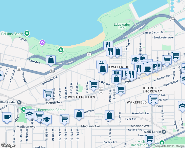 map of restaurants, bars, coffee shops, grocery stores, and more near 1308 West 80th Street in Cleveland