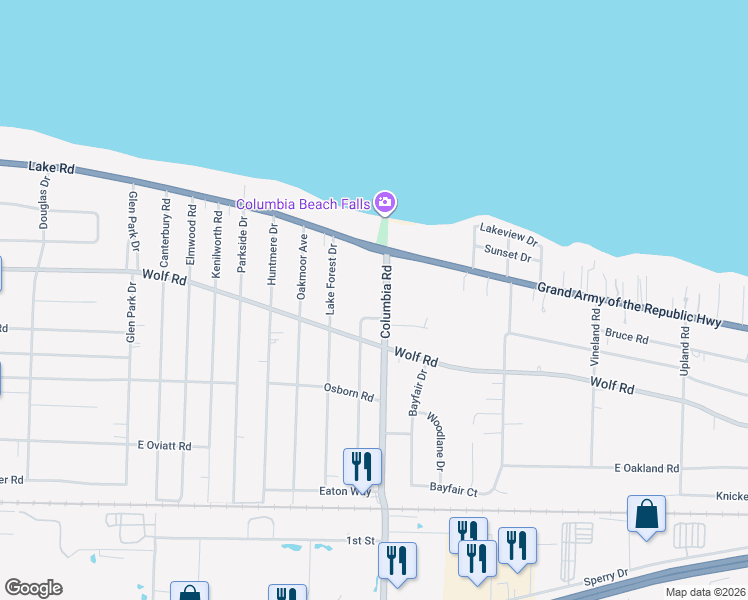 map of restaurants, bars, coffee shops, grocery stores, and more near 400 Columbia Rd in Bay Village