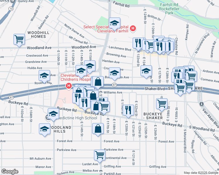 map of restaurants, bars, coffee shops, grocery stores, and more near 54 Shaker Boulevard in Cleveland