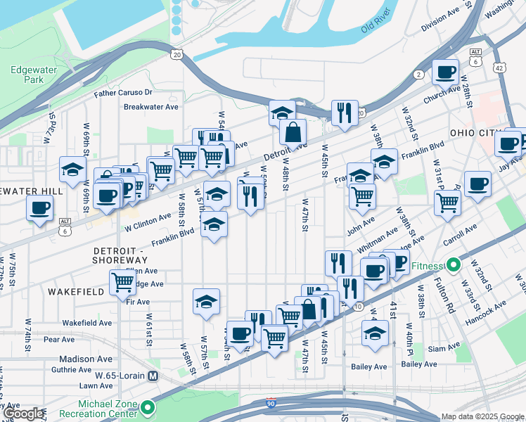 map of restaurants, bars, coffee shops, grocery stores, and more near 5005 Franklin Boulevard in Cleveland