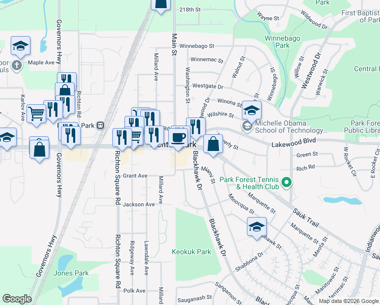 map of restaurants, bars, coffee shops, grocery stores, and more near 401 Blackhawk Drive in Park Forest