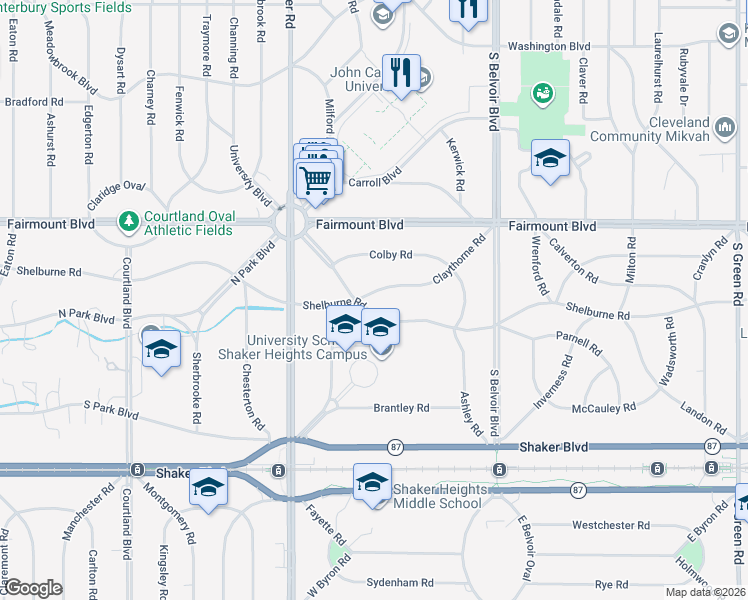 map of restaurants, bars, coffee shops, grocery stores, and more near 20900 Claythorne Road in Shaker Heights