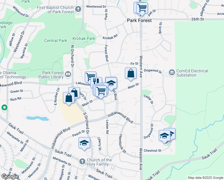 map of restaurants, bars, coffee shops, grocery stores, and more near 251 Founders Way in Park Forest