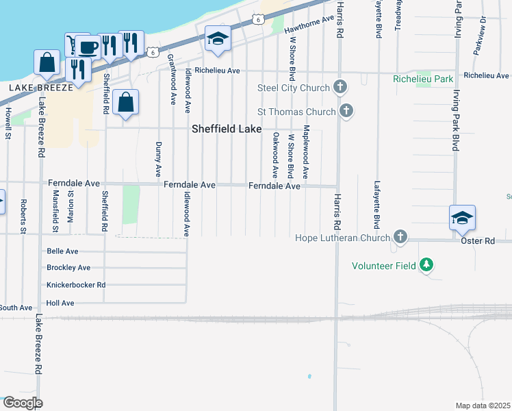 map of restaurants, bars, coffee shops, grocery stores, and more near 834 Alameda Avenue in Sheffield Lake