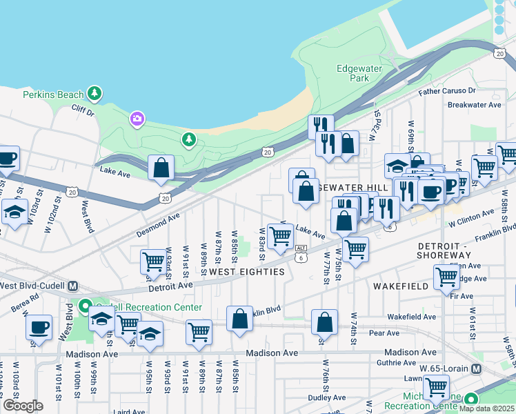 map of restaurants, bars, coffee shops, grocery stores, and more near 8302 Lake Avenue in Cleveland