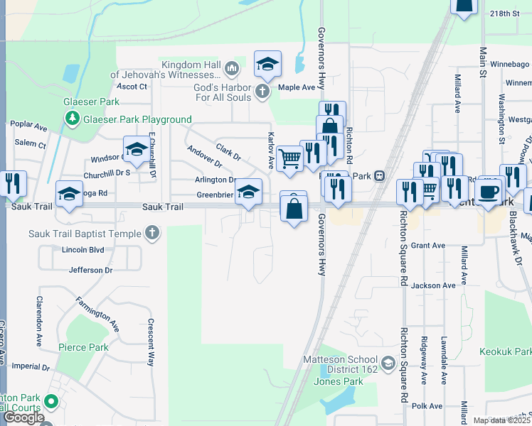 map of restaurants, bars, coffee shops, grocery stores, and more near 4121 Sauk Trail in Richton Park