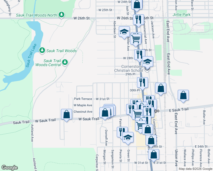 map of restaurants, bars, coffee shops, grocery stores, and more near 3005 Cappelletti Drive in South Chicago Heights