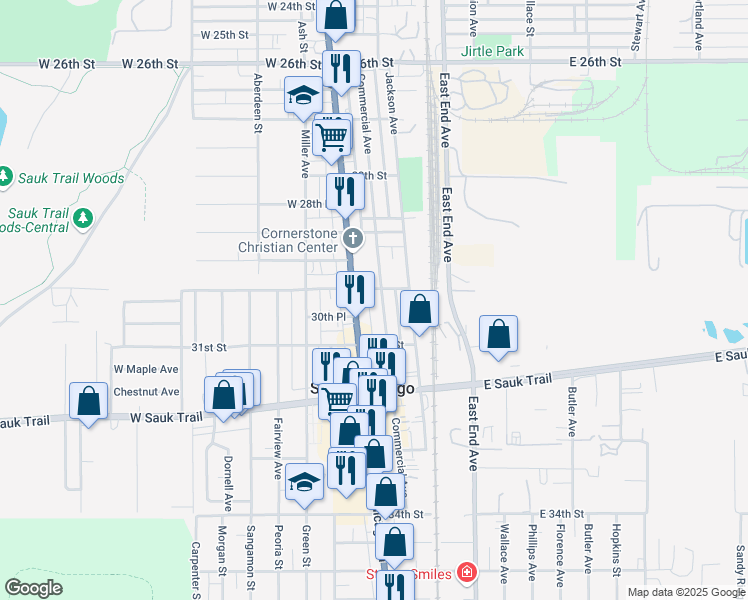 map of restaurants, bars, coffee shops, grocery stores, and more near 3006 Commercial Avenue in South Chicago Heights