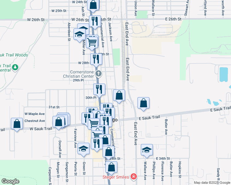 map of restaurants, bars, coffee shops, grocery stores, and more near 3002 Jackson Avenue in Chicago Heights
