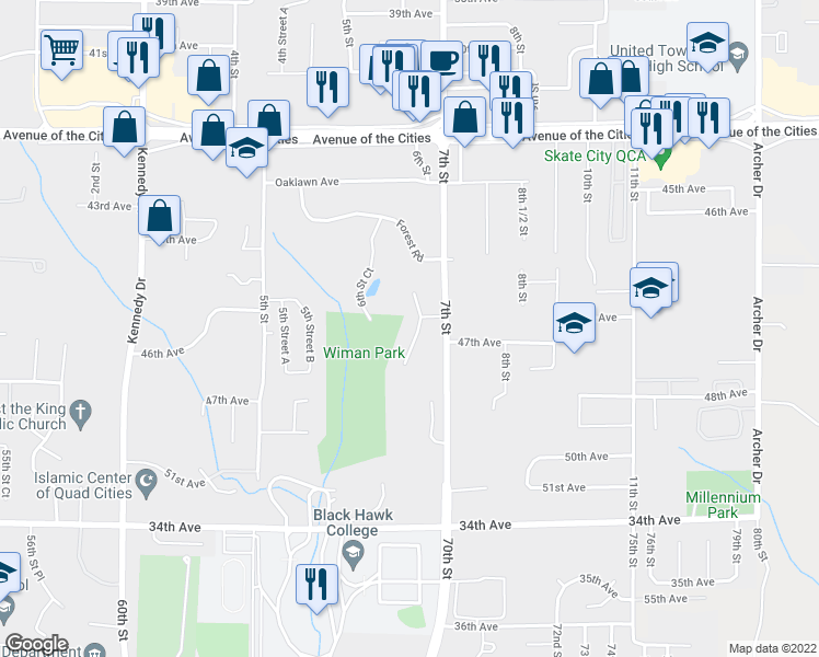 map of restaurants, bars, coffee shops, grocery stores, and more near 4505 6th Street Court in East Moline