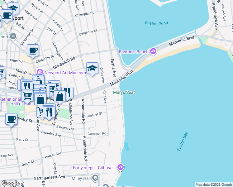 map of restaurants, bars, coffee shops, grocery stores, and more near 1 1/2 Cliff Terrace in Newport