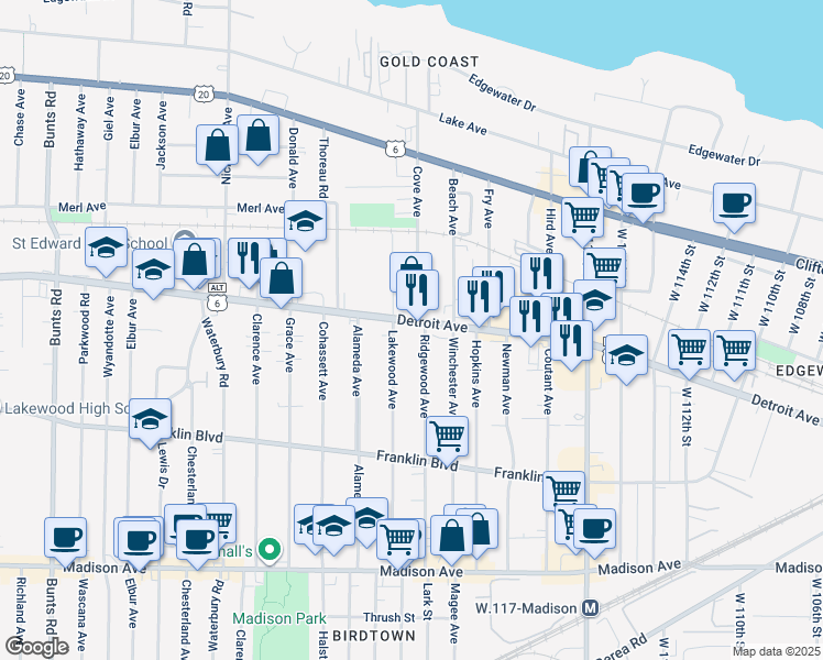 map of restaurants, bars, coffee shops, grocery stores, and more near 12503 Detroit Ave in Lakewood