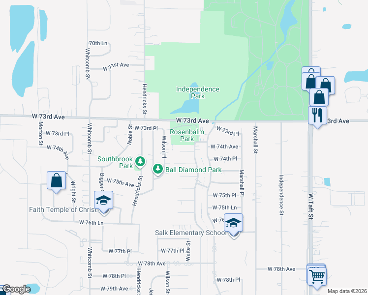 map of restaurants, bars, coffee shops, grocery stores, and more near 3278 West 74th Court in Merrillville