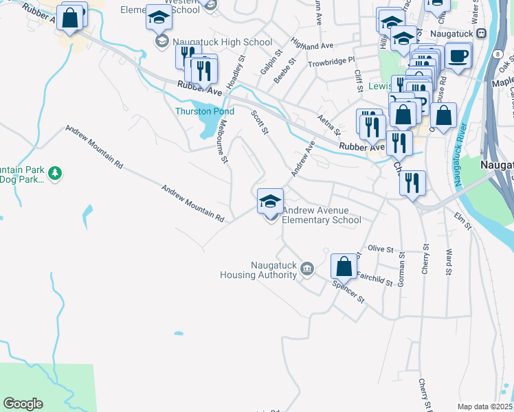 map of restaurants, bars, coffee shops, grocery stores, and more near 140 Andrew Avenue in Naugatuck