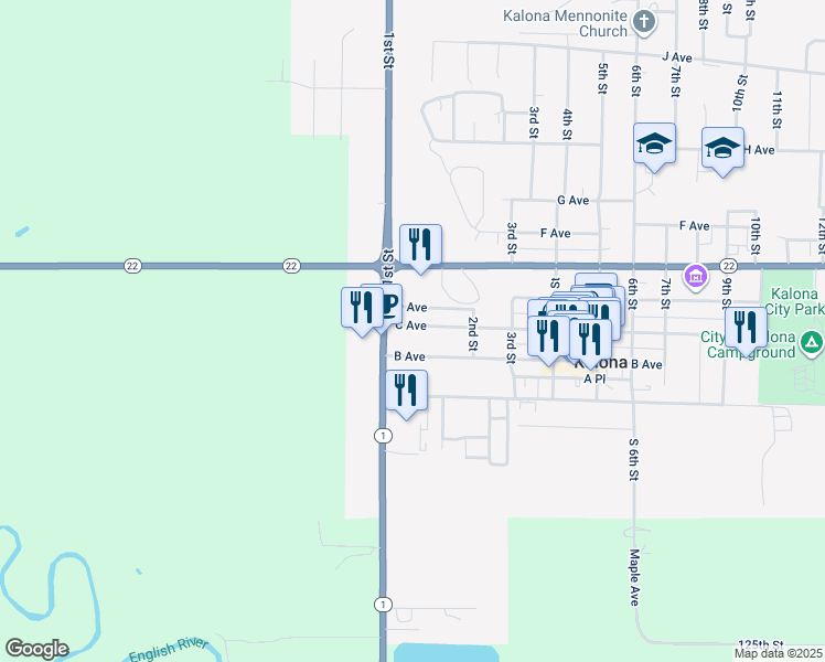 map of restaurants, bars, coffee shops, grocery stores, and more near 110 C Avenue in Kalona