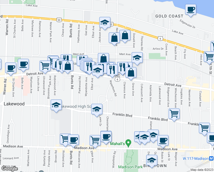 map of restaurants, bars, coffee shops, grocery stores, and more near 1434 Lewis Drive in Lakewood