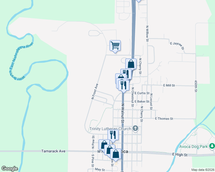 map of restaurants, bars, coffee shops, grocery stores, and more near 410 West Jack Frost Street in Avoca