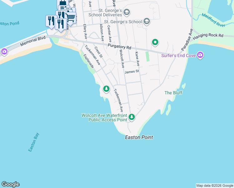 map of restaurants, bars, coffee shops, grocery stores, and more near 233-241 Tuckerman Avenue in Middletown