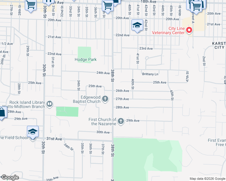 map of restaurants, bars, coffee shops, grocery stores, and more near 3800 26th Avenue A in Rock Island