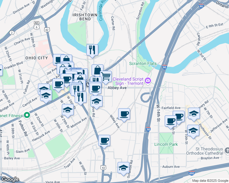 map of restaurants, bars, coffee shops, grocery stores, and more near 1819 Abbey Avenue in Cleveland