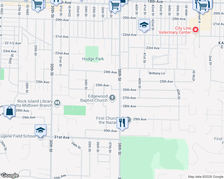 map of restaurants, bars, coffee shops, grocery stores, and more near 3704 26th Avenue A in Rock Island