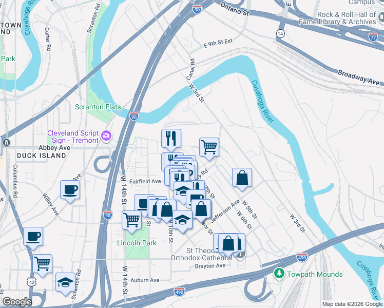 map of restaurants, bars, coffee shops, grocery stores, and more near 2144 West 6th Street in Cleveland