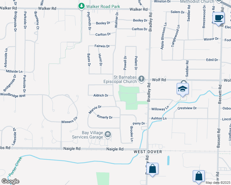 map of restaurants, bars, coffee shops, grocery stores, and more near 485 Walmar Road in Bay Village